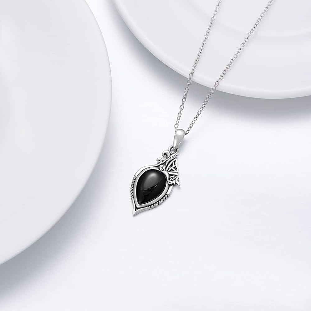 Butterfly Black Onyx Necklace 925 Sterling Silver Vintage